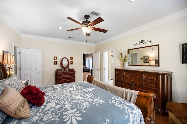 703 Shady Ln, Diboll, TX 75941 - bedroom with crown molding, ceiling fan, and recessed lighting
