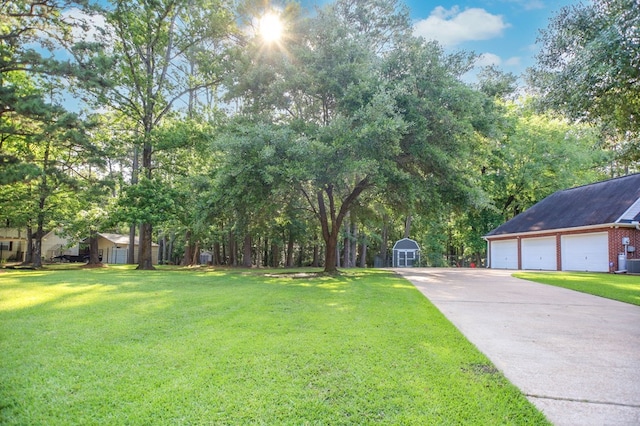 703 Shady Ln, Diboll, TX 75941 - view of grassy yard with an outbuilding, a garage, a shed, and driveway
