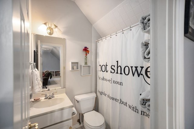 703 Shady Ln, Diboll, TX 75941 - bathroom featuring vaulted ceiling, vanity, toilet, and a shower with shower curtain
