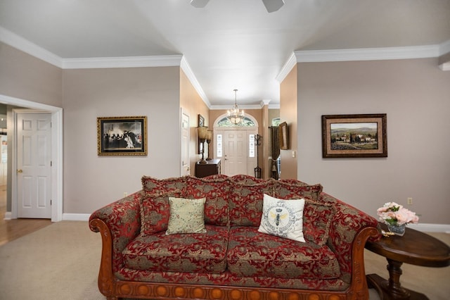 703 Shady Ln, Diboll, TX 75941 - carpeted living area featuring crown molding, baseboards, ceiling fan, and a chandelier