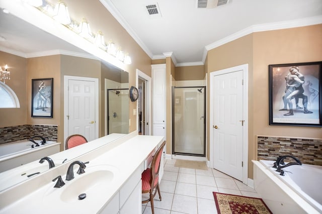 703 Shady Ln, Diboll, TX 75941 - full bath featuring a shower stall, vanity, a garden tub, ornamental molding, and tile patterned flooring