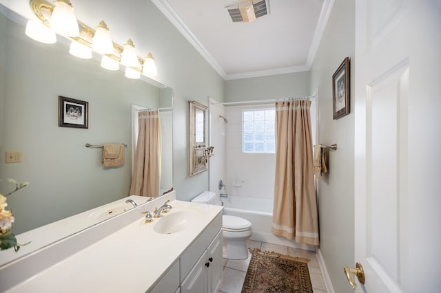 703 Shady Ln, Diboll, TX 75941 - bathroom with toilet, ornamental molding, vanity, shower / tub combo with curtain, and tile patterned floors