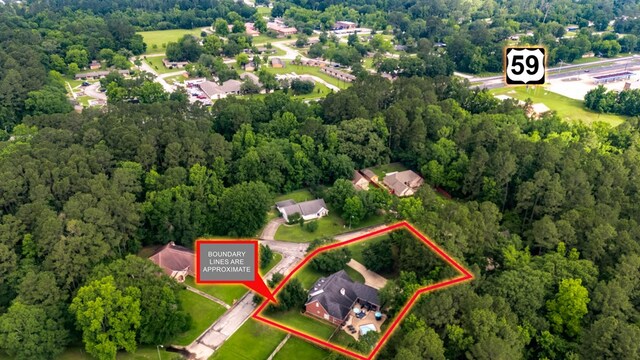 703 Shady Ln, Diboll, TX 75941 - aerial view of property and surrounding area with property boundaries highlighted and a forest
