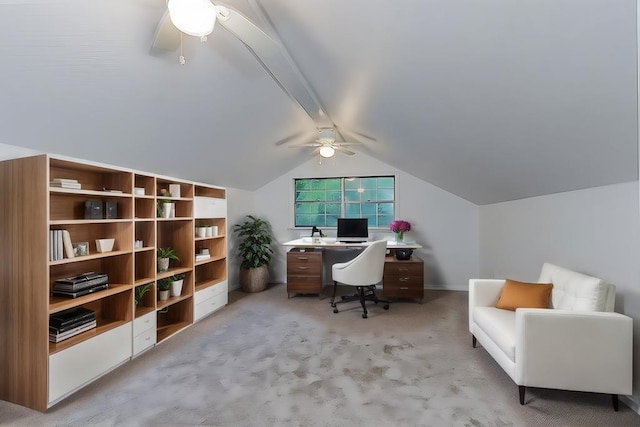 office area featuring light colored carpet, a ceiling fan, and vaulted ceiling with beams