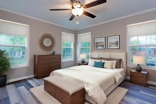 bedroom with baseboards, wood finished floors, and multiple windows