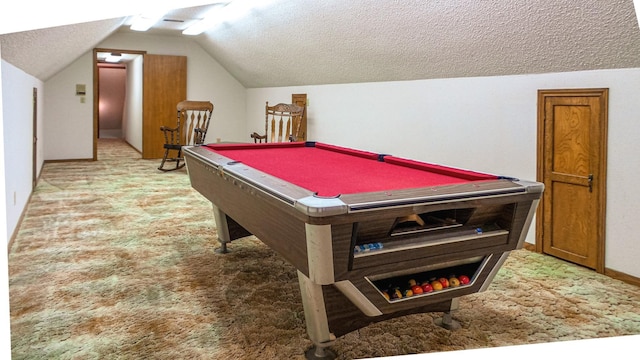 playroom with vaulted ceiling, billiards, a textured ceiling, and carpet