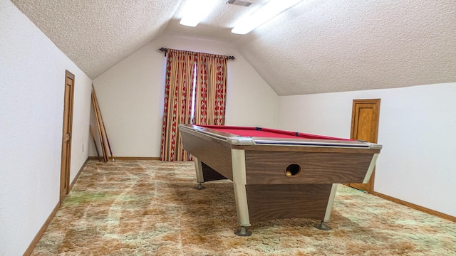 playroom with lofted ceiling, carpet flooring, a textured ceiling, and billiards