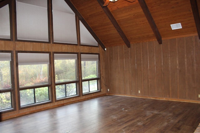 unfurnished living room featuring hardwood / wood-style floors, vaulted ceiling with beams, a wealth of natural light, and wood walls