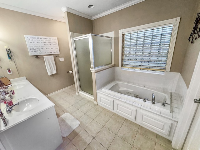 bathroom featuring shower with separate bathtub, vanity, tile patterned floors, and ornamental molding