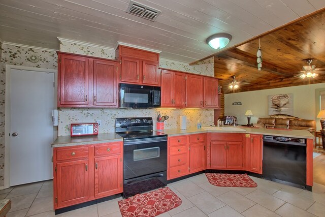 kitchen with light tile patterned floors, sink, wooden ceiling, and black appliances