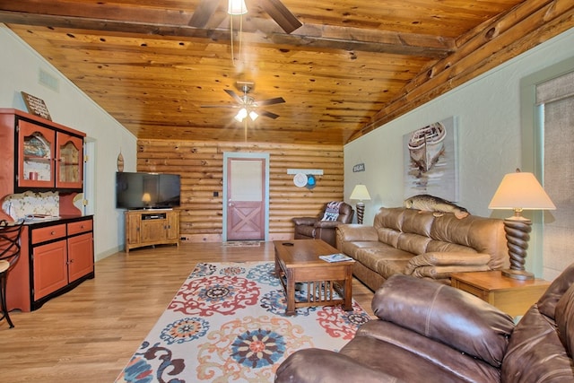 living room with rustic walls, ceiling fan, wooden ceiling, lofted ceiling with beams, and light hardwood / wood-style floors