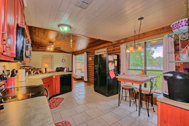 kitchen with wooden ceiling, decorative light fixtures, light tile patterned floors, black appliances, and ceiling fan with notable chandelier