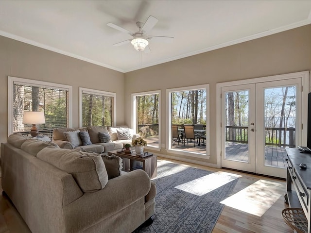 living room with ceiling fan, french doors, a healthy amount of sunlight, and light wood-type flooring