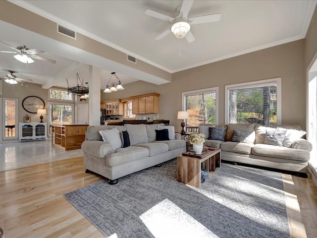 living room with ceiling fan with notable chandelier, ornamental molding, and light hardwood / wood-style flooring