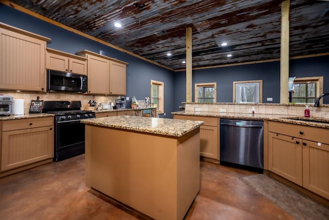 kitchen with a kitchen island, concrete floors, decorative backsplash, stainless steel appliances, and a sink