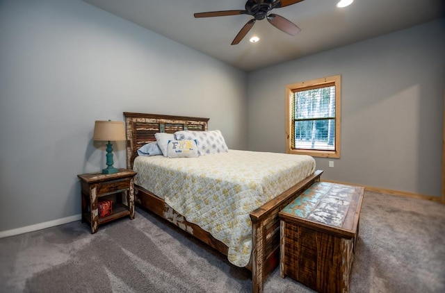 carpeted bedroom featuring recessed lighting, baseboards, and a ceiling fan