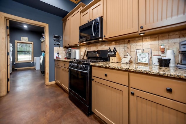 kitchen with finished concrete flooring, black gas range oven, light stone countertops, baseboards, and tasteful backsplash