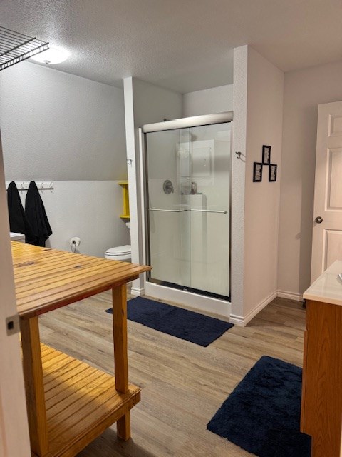 bathroom with vanity, hardwood / wood-style floors, an enclosed shower, and a textured ceiling