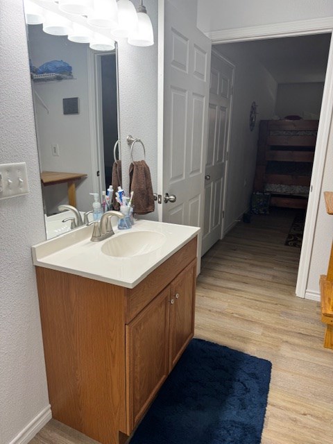 bathroom featuring hardwood / wood-style flooring and vanity