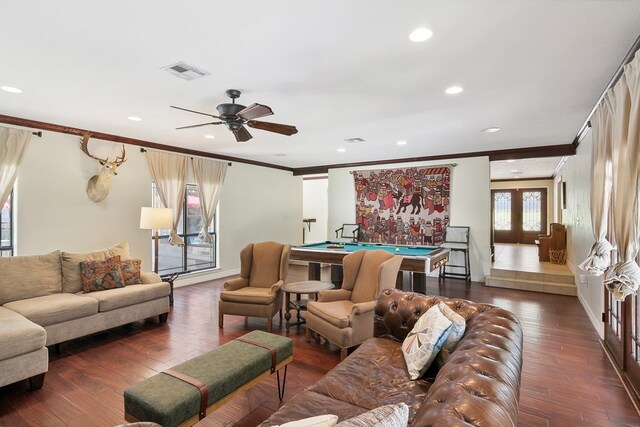 1025 Creek Bend Dr, Jasper, TX 75951 - living room with ornamental molding, billiards, a ceiling fan, wood finished floors, and recessed lighting
