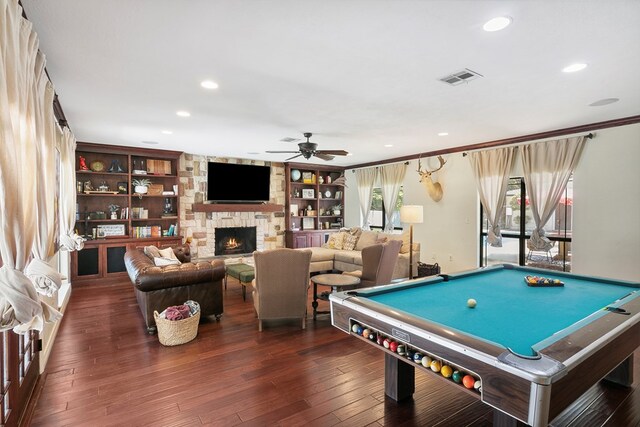 1025 Creek Bend Dr, Jasper, TX 75951 - game room with a ceiling fan, a stone fireplace, recessed lighting, billiards, and wood finished floors