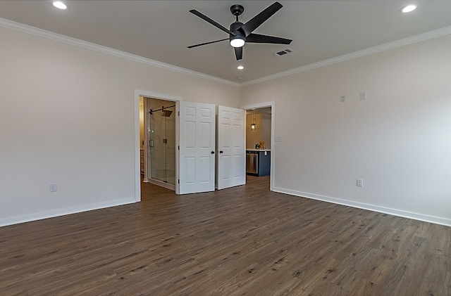 unfurnished bedroom with ceiling fan, dark hardwood / wood-style flooring, and crown molding