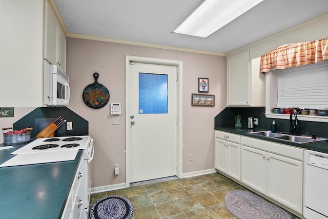 kitchen with sink, white cabinets, and white appliances