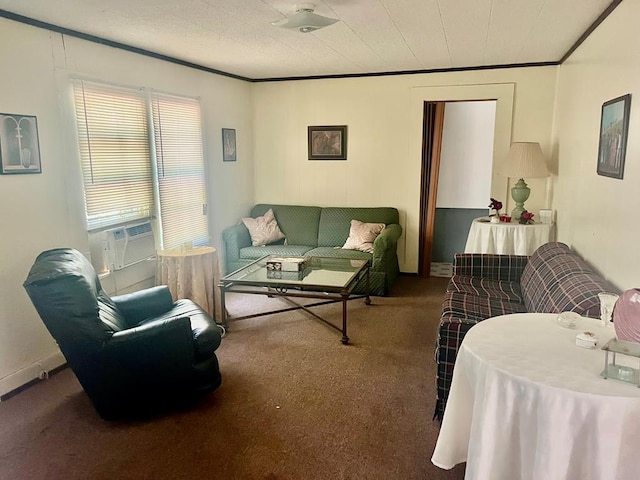 carpeted living room featuring crown molding and cooling unit