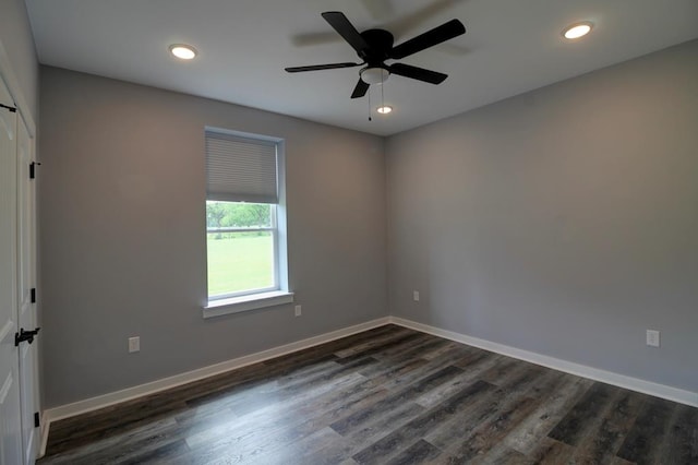 empty room with recessed lighting, ceiling fan, and baseboards