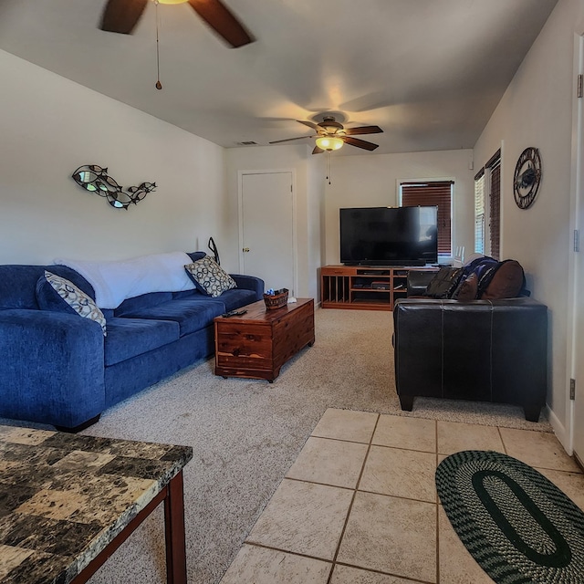 living room featuring ceiling fan