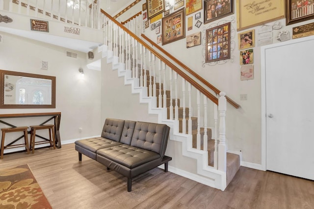 entryway featuring a high ceiling and wood-type flooring