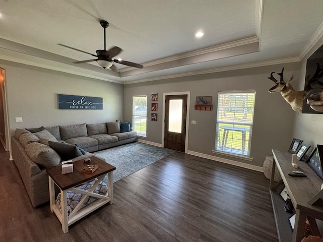 3640 Wingate Blvd, Brookeland, TX 75931 - living room with a raised ceiling, dark wood-type flooring, ornamental molding, and plenty of natural light