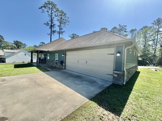3640 Wingate Blvd, Brookeland, TX 75931 - view of side of home featuring stone siding, a lawn, and concrete driveway
