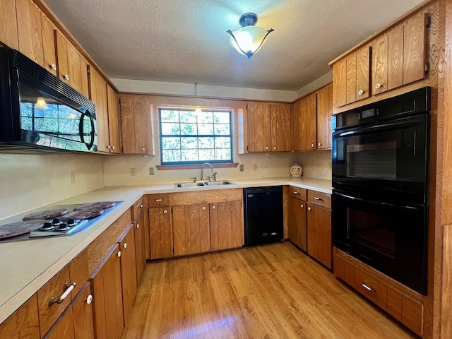 kitchen with black appliances, a healthy amount of sunlight, light wood-type flooring, and sink