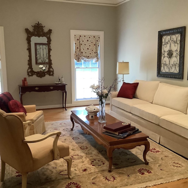 living room featuring light wood-type flooring and crown molding