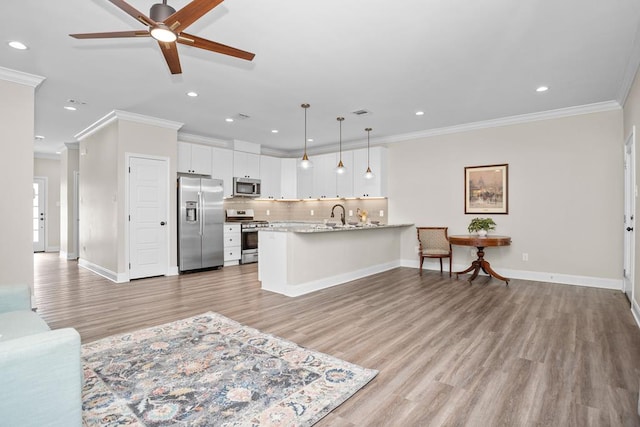 kitchen with hanging light fixtures, appliances with stainless steel finishes, open floor plan, white cabinetry, and light stone countertops