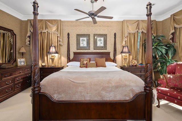 bedroom with ceiling fan, carpet, and ornamental molding