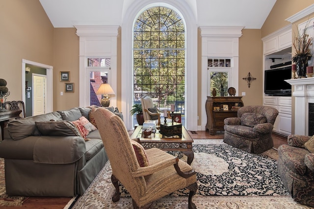 living area featuring high vaulted ceiling, a fireplace, plenty of natural light, and wood finished floors