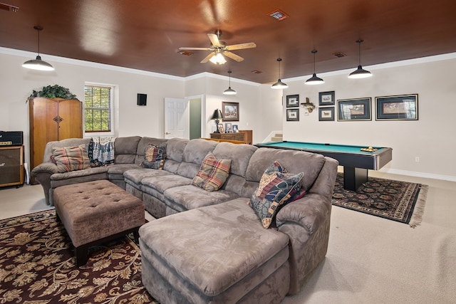 living room with carpet floors, stairs, visible vents, and ornamental molding