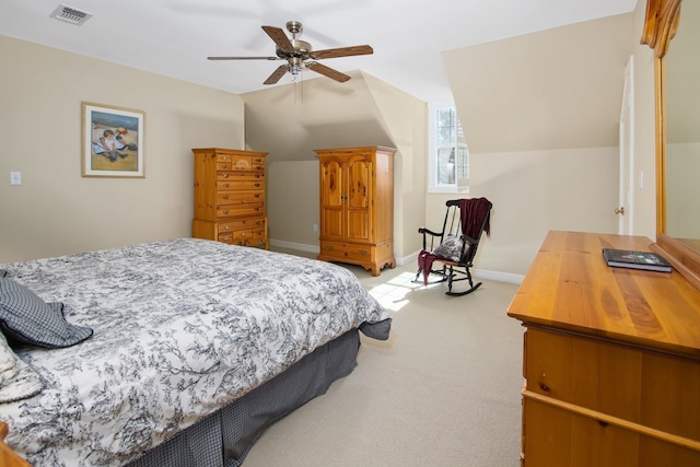 bedroom featuring light carpet, ceiling fan, and lofted ceiling