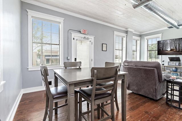 dining space with wood-type flooring, wood ceiling, and crown molding