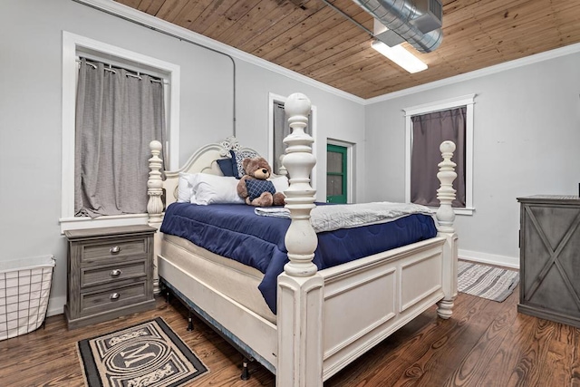 bedroom with crown molding, wood ceiling, baseboards, and dark wood finished floors