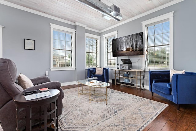 living room featuring crown molding, baseboards, wooden ceiling, and hardwood / wood-style floors
