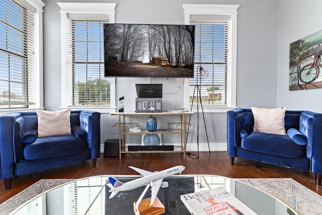 living area with plenty of natural light, baseboards, and wood finished floors