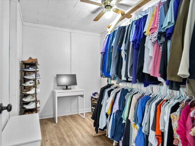 spacious closet featuring a ceiling fan and wood finished floors