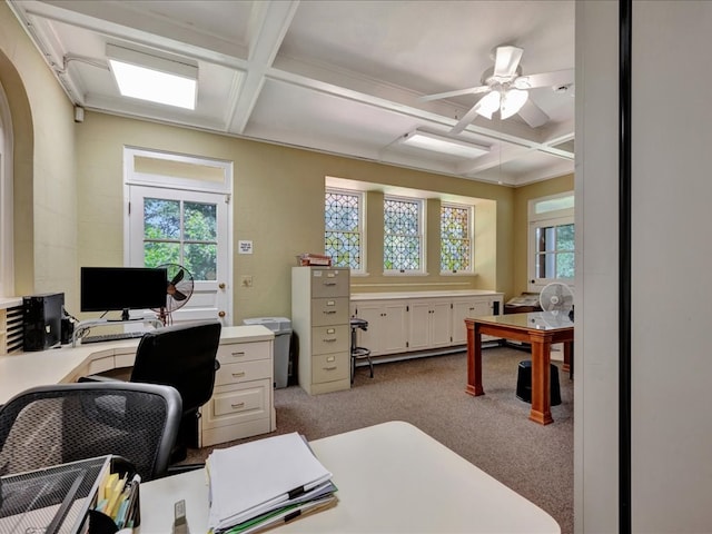107 W Kerr Ave, Lufkin, TX 74904 - carpeted home office with coffered ceiling, healthy amount of natural light, ceiling fan, beamed ceiling, and arched walkways