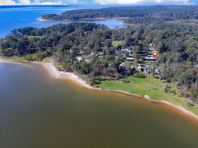 drone / aerial view with a forest view and a water view