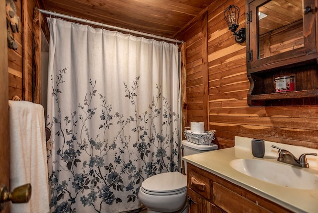 full bathroom with vanity, wooden walls, wooden ceiling, toilet, and a shower with shower curtain
