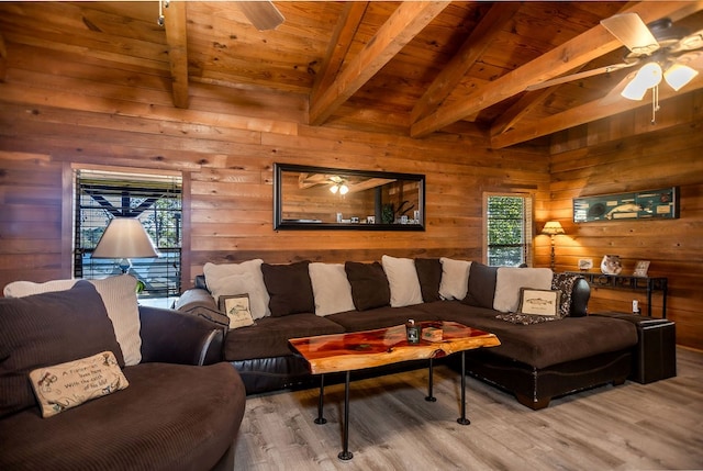 living room featuring wood walls, wood finished floors, wooden ceiling, lofted ceiling with beams, and ceiling fan