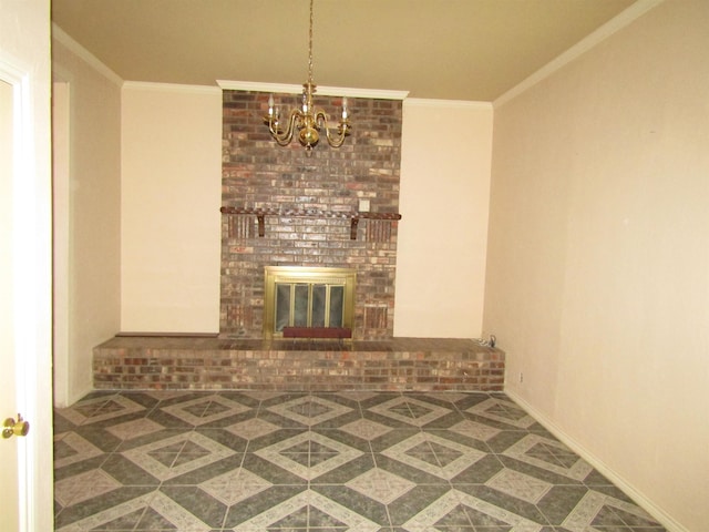 unfurnished living room with crown molding, a fireplace, and a notable chandelier